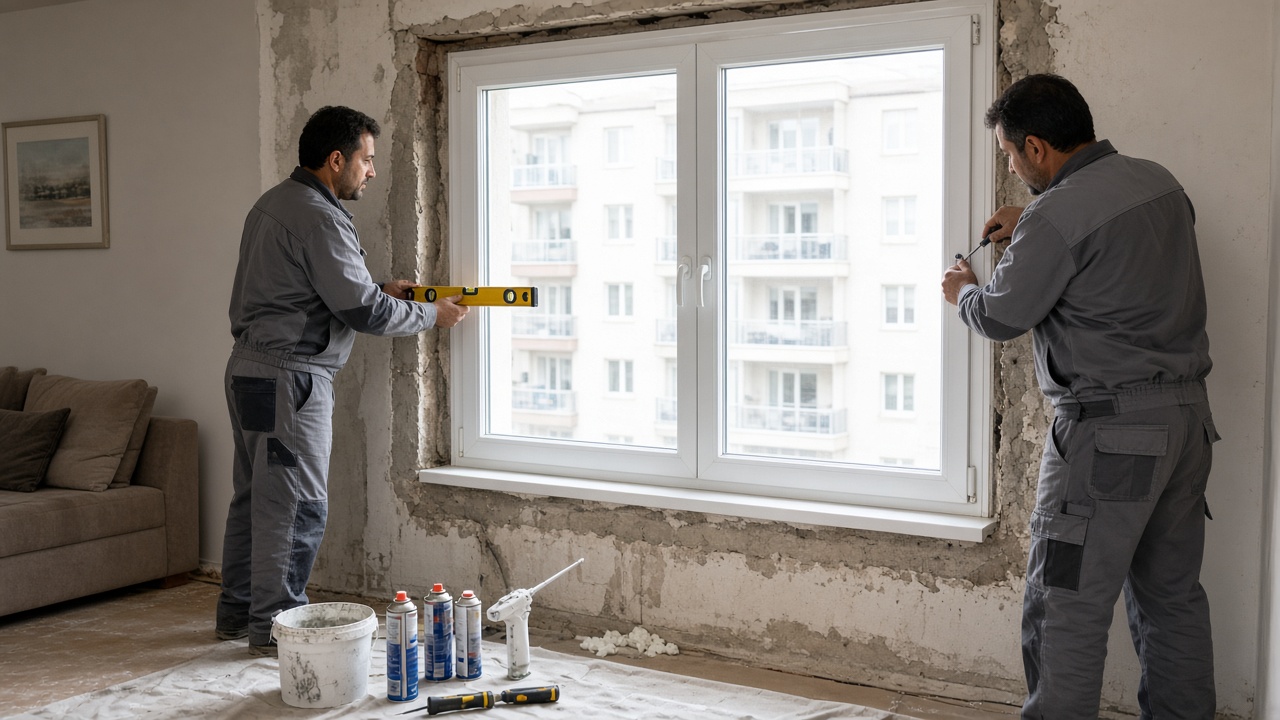 Pervaz Pencere ustaları salona yeni PVC pencere takarken